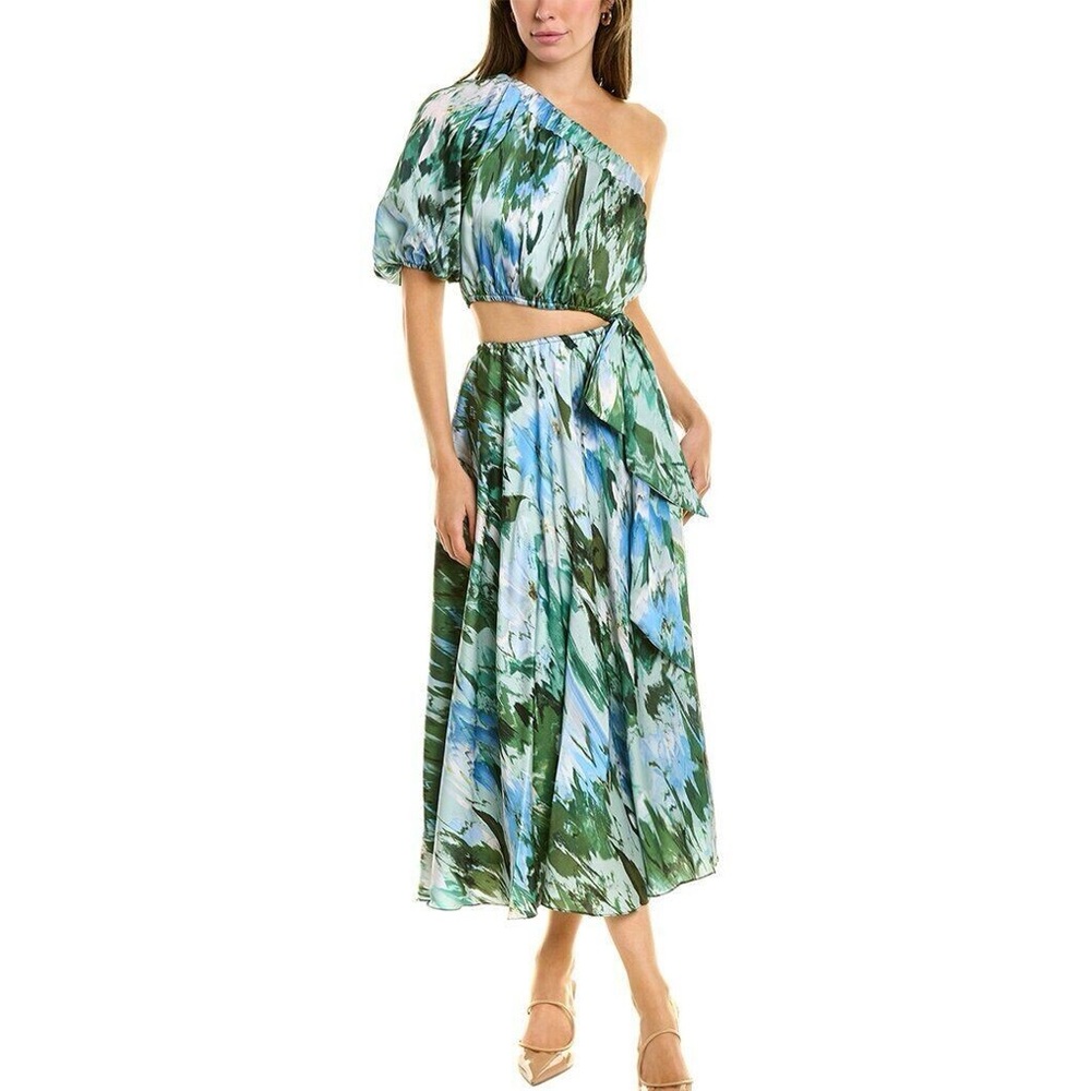 One-Shoulder Green Blue ML MONIQUE LHUILLIER Satin Cutout Midi Dress Petite